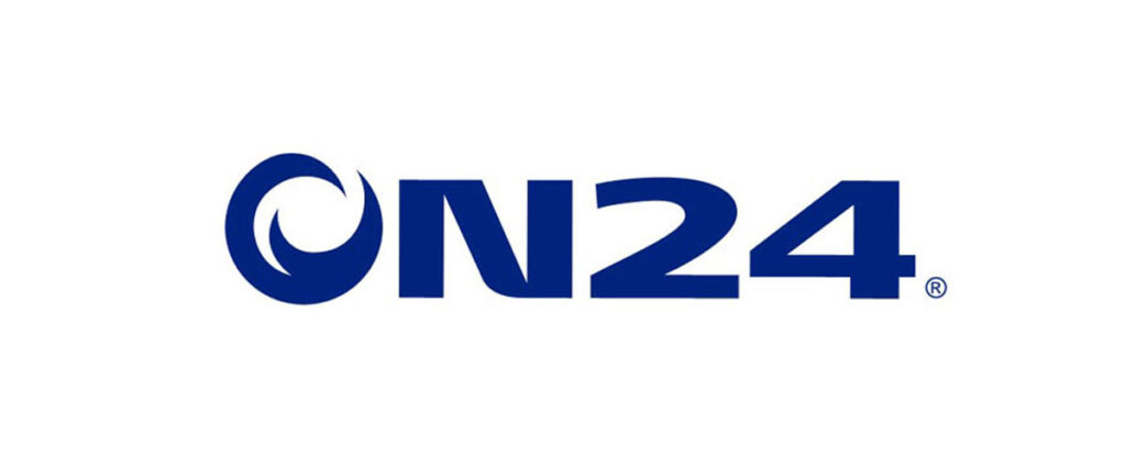 The ON24 logo, featuring the text "ON24" in bold blue letters with a stylized crescent shape within the letter "O," is set against a white background. The design evokes a sleek and modern presentation slide.