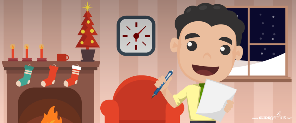 Cartoon of a person holding a pen and paper in a cozy room with holiday decorations. The room features a lit fireplace with stockings, a Christmas tree, a chair, a clock on the wall, and a window showing a snowy night. Perfect for adding to your holiday-themed PowerPoint slide.