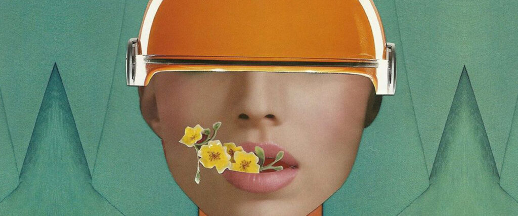 A surreal illustration of a person wearing an orange helmet that partially obscures their face. Yellow flowers are emerging from their lips, and the background is a stylized green landscape with geometric shapes resembling trees, perfect for enhancing any PowerPoint slide template.