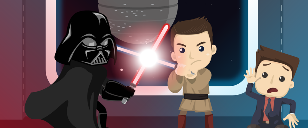 An illustration of a dark-clad character with a red lightsaber confronting two worried individuals inside a spaceship. There is a large spherical space station visible through a window in the background, creating a dramatic, tense atmosphere perfect for your next PowerPoint slide.