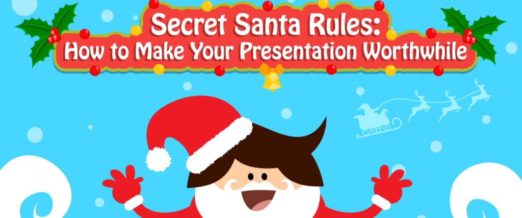 A festive scene with a cartoon Santa character in the foreground, waving with both hands. Above him, text reads "Secret Santa Rules: How to Make Your Presentation Worthwhile," decorated with holly and lights. Santa's sleigh and reindeer silhouette can be seen in the background, perfect for a PowerPoint slide template.