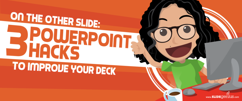 Illustration of a character with curly hair and glasses giving a thumbs up, sitting at a desk with a computer and coffee cup. Text reads "On the other slide: 3 PowerPoint hacks to improve your pitch deck." The SlideGenius logo is at the bottom right.