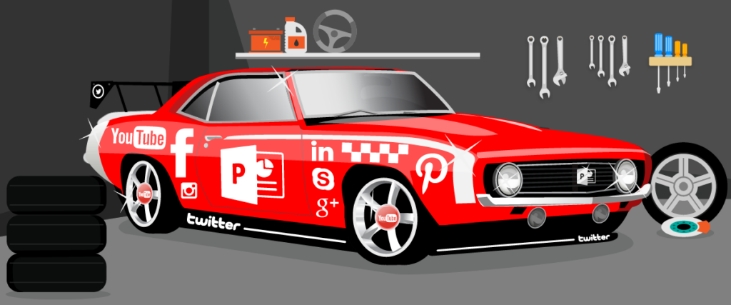 An illustration of a red racing car in a garage with logos of various social media platforms and software, such as Facebook, YouTube, PowerPoint, LinkedIn, Pinterest, Google+, Twitter, and Skype displayed on the body. The background includes tires, tools, and shelves. Perfect for a dynamic pitch deck or slide template.