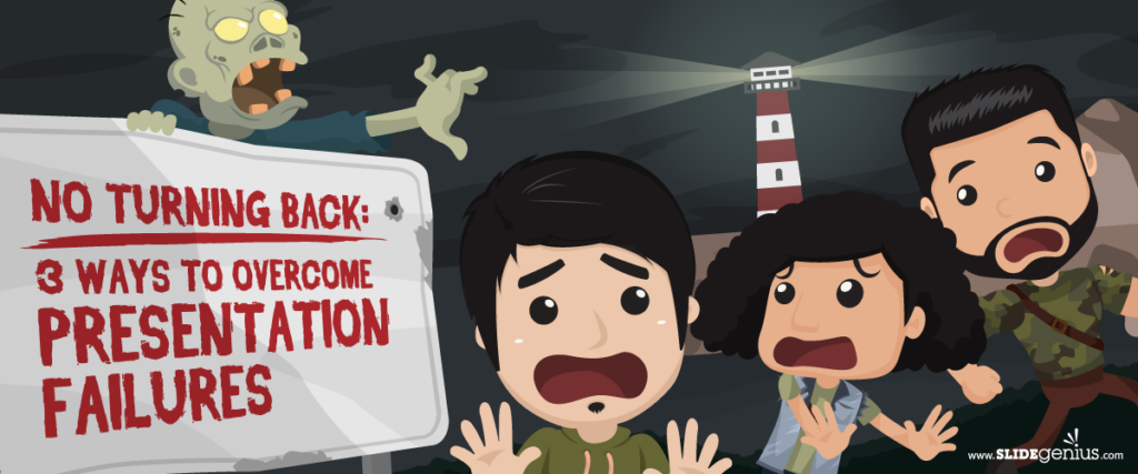 A cartoon scene of three frightened characters standing in front of a whiteboard with the message "No Turning Back: 3 Ways to Overcome Presentation Failures." A looming zombie and a lighthouse in the background create a spooky atmosphere, perfect for highlighting the importance of mastering your pitch deck.