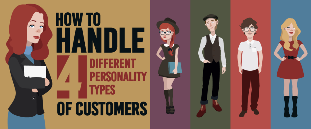 An illustration shows a woman with red hair holding a folder, alongside the text "How to Handle 4 Different Personality Types of Customers." Next to her are four figures, each representing a different customer type, standing against various colored backgrounds, perfect for enhancing your presentation slide.