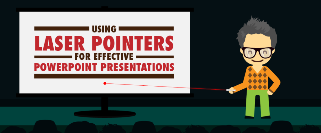 A cartoon character with glasses and gray hair is using a laser pointer to highlight text on a projection screen. The screen reads, "Using Laser Pointers for Effective PowerPoint Presentations." An audience is silhouetted at the bottom, attentively watching the slide.