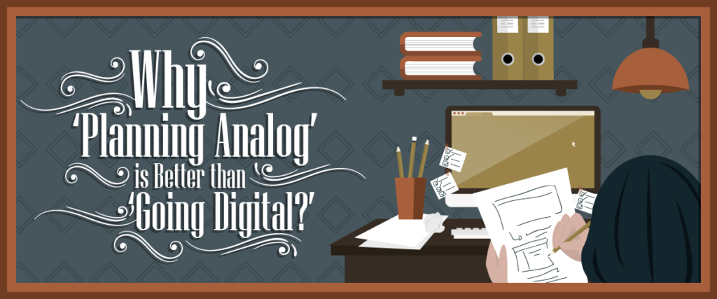 Illustration with the text "Why Planning Analog is Better than Going Digital?!". A person is sitting at a desk, writing in a notebook with a computer screen in front. Shelves with binders and books, a hanging lamp, and stationery are also visible. This concept could enhance your next slide template or pitch deck.