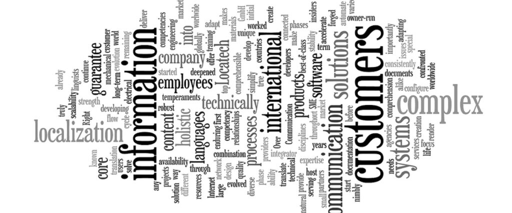 A word cloud featuring terms related to business and technology. Prominent words include "information," "customers," "international," "complex," and "localization." Other words like "solutions," "technically," "systems," and "languages" are also visible, perfect for enhancing your pitch deck or presentation.