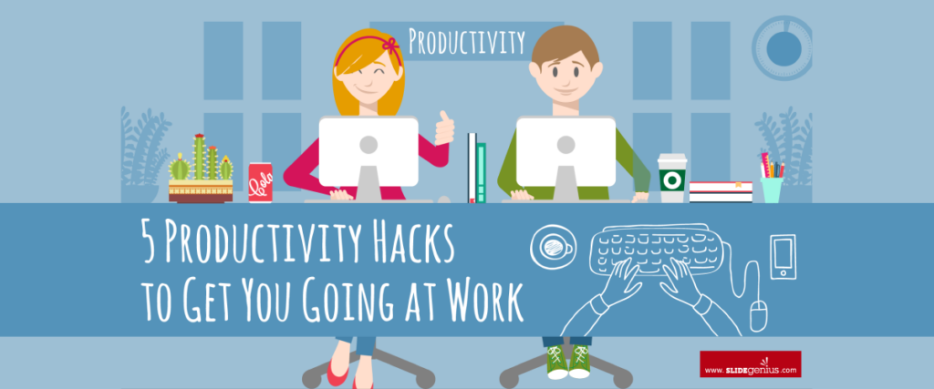 Illustration of a workspace with two people at desk setups including computers, coffee cups, and stationary. Text overlays read "5 Productivity Hacks to Get You Going at Work." The background includes potted plants and office supplies, making it an ideal slide template for your next presentation.