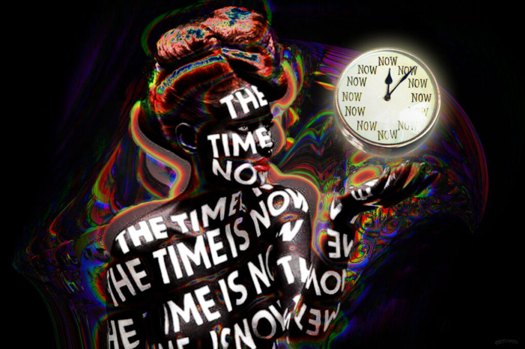 A stylized presentation features a person whose body is painted with the words "THE TIME IS NOW." They are holding a clock that has the word "NOW" in place of each number. The background showcases a dark, swirling pattern of colors.