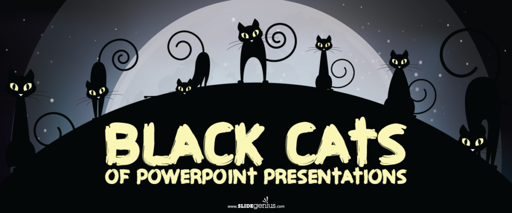 Illustration of seven black cats with glowing yellow eyes on a hill underneath a full moon, with the text "BLACK CATS of POWERPOINT PRESENTATIONS" in large font at the bottom. The background is a dark, starry night sky. Perfect for spicing up your pitch deck or slide template.