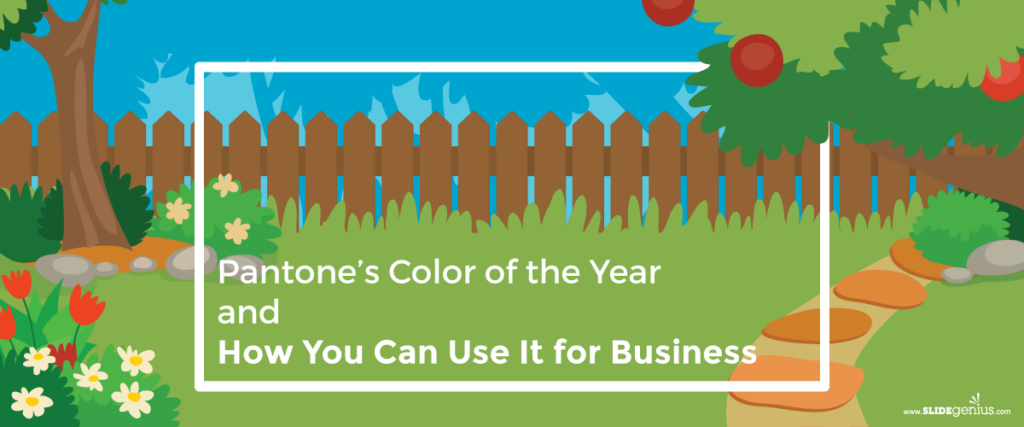 An illustrated garden scene with a wooden fence, trees, flowers, and a pathway. Text on the slide reads, "Pantone's Color of the Year and How You Can Use It for Business." The presentation features a tranquil and colorful nature setting.