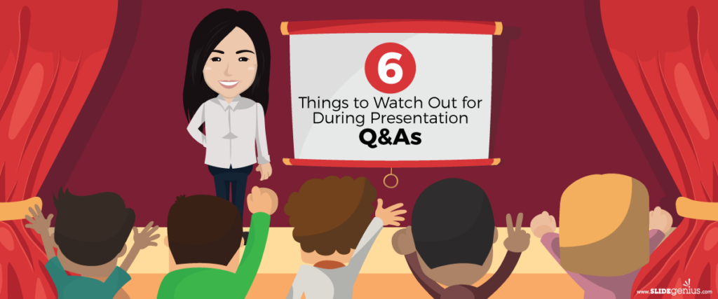 An illustration of a woman standing on stage next to a presentation slide. The screen reads, "6 Things to Watch Out for During Presentation Q&As." An audience is seated in front of the stage with some members holding up their hands to ask questions.