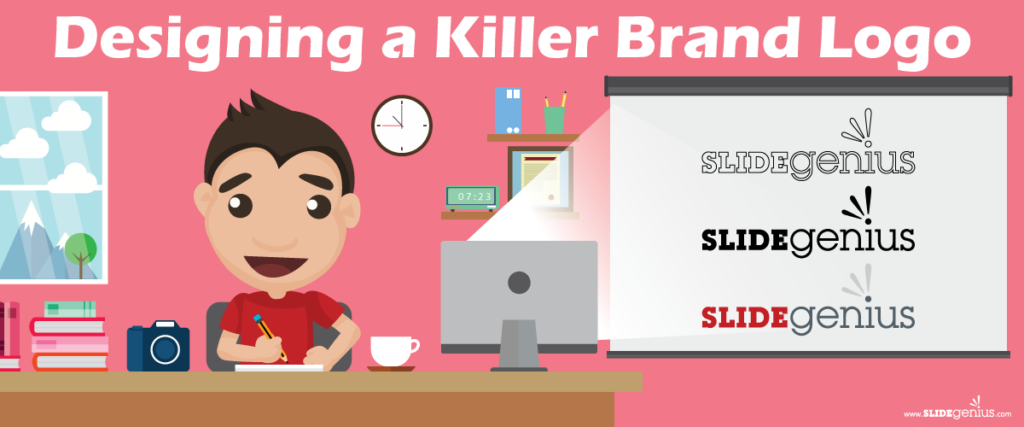 Cartoon of a person drawing at a desk with a camera, coffee, books, and clock in an office setting. A projector screen shows three variations of the "SLIDEgenius" logo. Text above reads "Designing a Killer Brand Logo for Your Presentation.