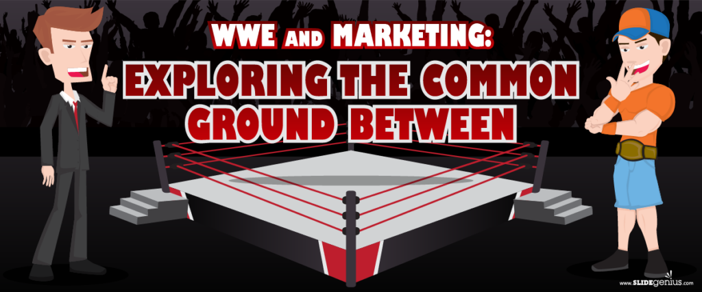 Illustration of a wrestling ring with the text "WWE and Marketing: Exploring the Common Ground Between." Standing on either side of the ring are cartoon characters: a man in a suit to the left and a wrestler in wrestling gear to the right. Perfect for your next PowerPoint presentation on marketing strategies.