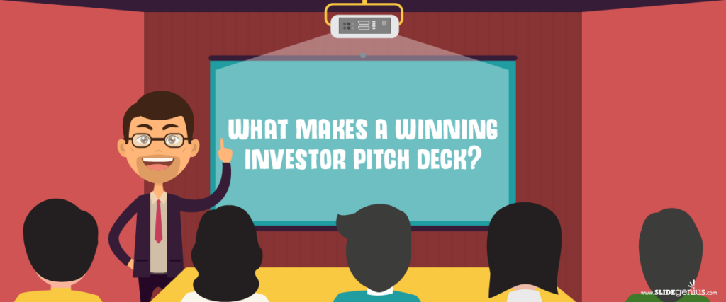 An animated slide of a person with glasses and a suit, standing and pointing at a projector screen displaying "What makes a winning investor pitch deck?" The audience in front consists of five individuals seated and attentively watching.