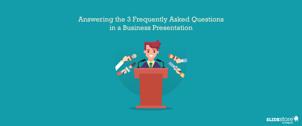 A person with a red tie stands at a podium, surrounded by microphones held by disembodied hands, under the text "Answering the 3 Frequently Asked Questions in a Business Presentation" on a teal background. The "SLIDESTORE" logo is in the bottom right corner, perfect for your next pitch deck slide.