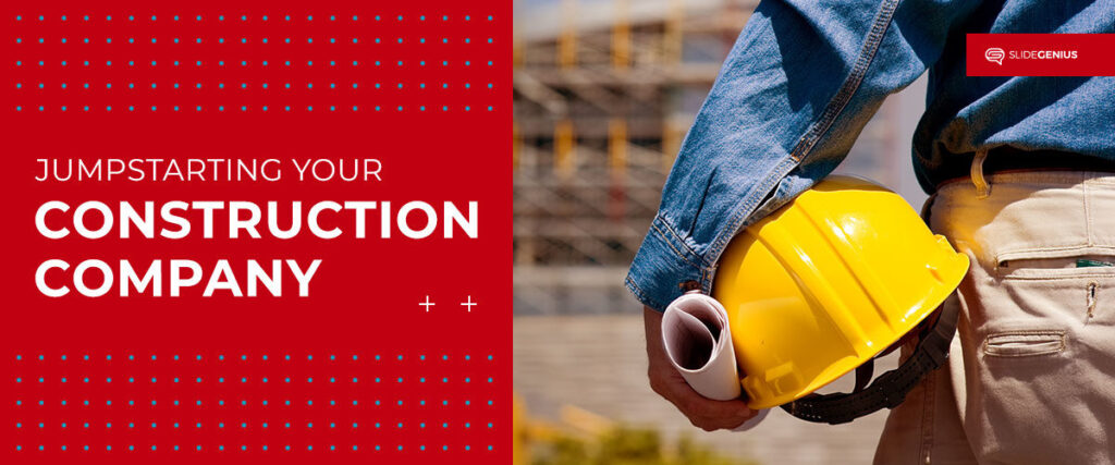 A person in a denim shirt holds a yellow construction helmet and rolled-up plans against a background of a construction site. Text reads, "Jumpstarting Your Construction Company" with a logo for SlideGenius in the top right corner. Enhance your presentations with customizable slide templates from SlideGenius.