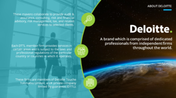 An infographic about Deloitte featuring a photo of a man at an airport with text about Deloitte’s services and organizational structure to the left, and a view of Earth from space to the right. This slide highlights Deloitte's global reach and member firm compliance, making it perfect for any pitch deck.