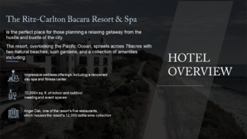 This image provides an overview of The Ritz-Carlton Bacara Resort & Spa. Perfect for a pitch deck slide, it highlights impressive wellness offerings, extensive meeting and event spaces, and a renowned restaurant with a 12,000-bottle wine collection. The resort overlooks the Pacific Ocean.
