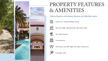 Split-screen design showcasing a spa and wellness center, palm trees, a building under an arch, and a pool. Perfect for a PowerPoint presentation or pitch deck, text details include features such as 42,000 sq. ft. spa, three saline pools, two natural beaches, five restaurants, a wine-tasting room, and four tennis courts.