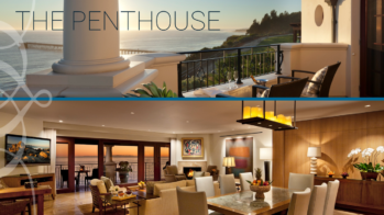 A luxury penthouse with scenic ocean views from a spacious balcony. The interior features a modern, elegant living and dining area with stylish furniture, a decorative chandelier, and contemporary artworks. Orchids and a fruit bowl decorate the dining table like elements on a PowerPoint slide.