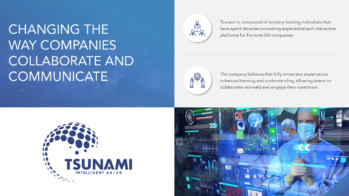 A split-screen image featuring a promotional slide for Tsunami, an AR/VR company. The left side shows the company logo, the slogan 