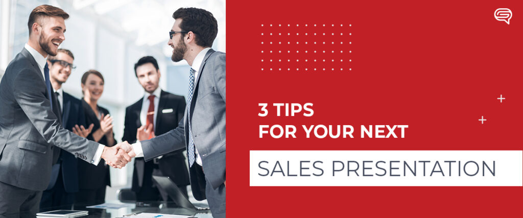 A group of business professionals is smiling and shaking hands in an office setting. A red overlay on the right contains the text "3 Tips for Your Next Sales Presentation" in white. The scene looks collaborative and professional, perfect for using a powerful PowerPoint slide template.