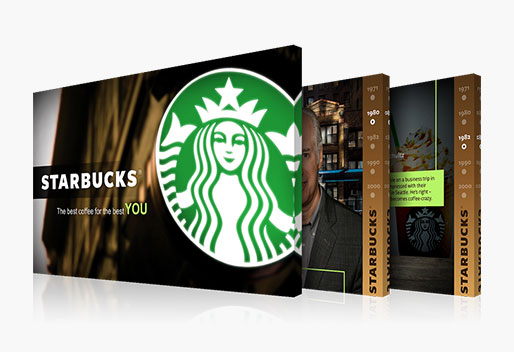 A Starbucks promotional display featuring three panels. The first panel showcases the Starbucks logo and the slogan "The best coffee for the best YOU." The other two panels resemble a pitch deck, with smaller logos and vibrant images of Starbucks coffeehouses in various settings.