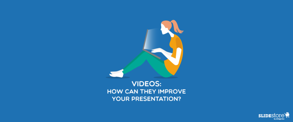 Illustration of a person sitting with a laptop on their lap against a blue background. The text reads, "VIDEOS: HOW CAN THEY IMPROVE YOUR PRESENTATION?" in white, uppercase letters. The logo "SLIDESTORE" and "by Slidegenius" are in the bottom right corner, emphasizing PowerPoint slide templates.