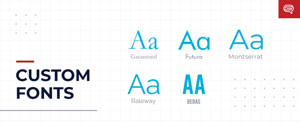 Graphic displaying the text "CUSTOM FONTS" on the left. On the right, there are examples of different fonts, labeled Gramond, Futura, Montserrat, Raleway, and Bebas, each showcasing the letter "Aa" or "AA" in blue. Ideal for enhancing your PowerPoint slide presentation.