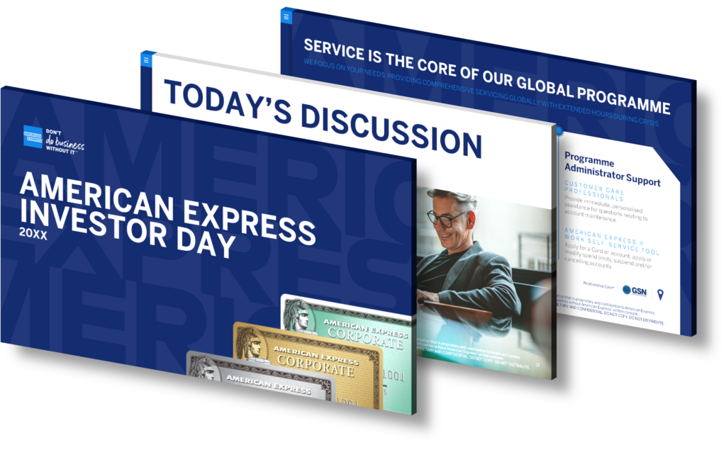 Three overlapping slides are displayed. The first slide reads "American Express Investor Day 20XX." The second slide has "Today's Discussion." The third features a man reading and mentions, "Service is the Core of Our Global Programme" and "Programme Administrator Support.