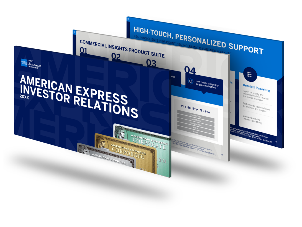 A promotional slide displaying American Express investor relations materials for 20XX. The slide features brochures titled "American Express Investor Relations," with visuals of American Express credit cards and information on commercial insights and personalized support.