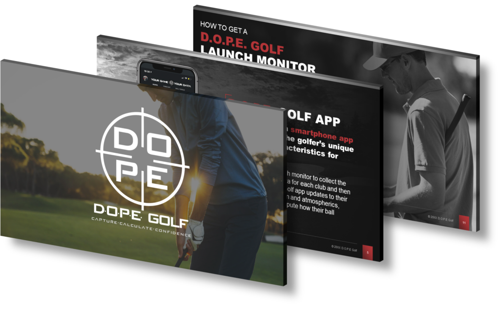 An image presenting promotional materials for DOPE Golf, including a launch monitor device, a smartphone app, and a gameplay guide. The first slide showcases a golfer, the second highlights app usage, and the third explains how to improve golf performance. This pitch deck is designed to elevate your game.
