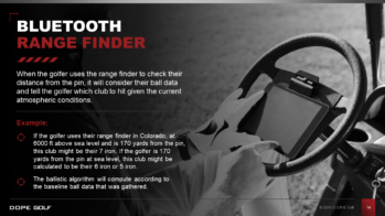 A golfer using a range finder to check distance is shown in the background. Text over the image describes how the Bluetooth range finder calculates the best club to use based on atmospheric conditions. This slide provides an example scenario for clarity, perfect for your next PowerPoint or pitch deck.