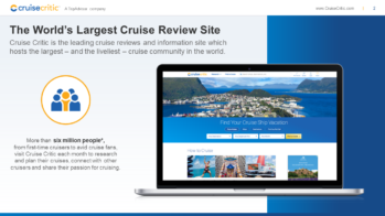 Promotional image for Cruise Critic, the largest cruise review site. The image features a laptop displaying the Cruise Critic website with scenic cruise images, alongside text highlighting the site's extensive reviews and cruise planning resources, designed to look like an engaging PowerPoint slide.