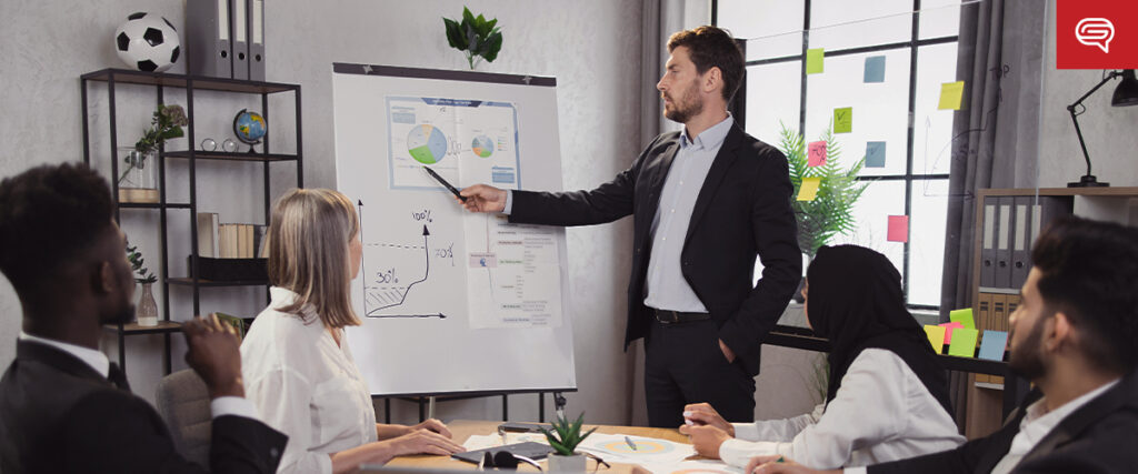 A man in a suit stands by a flipchart, pointing at a financial graph on a slide template during his presentation to four colleagues seated at a table in a modern office. The room has large windows, shelves with decorations and plants, and sticky notes on a glass panel.