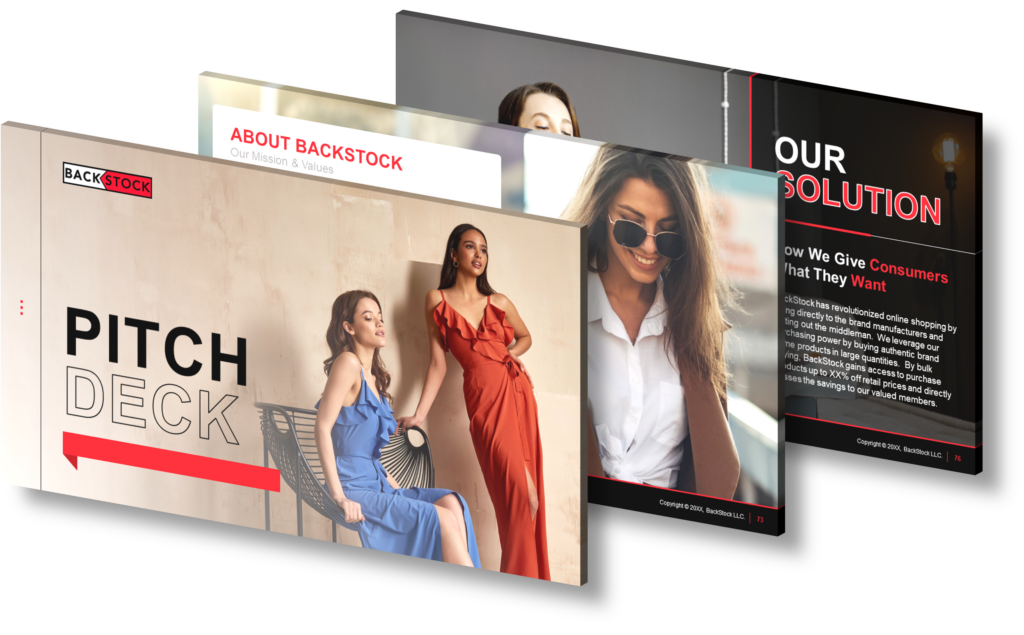 A series of slides from a pitch deck labeled "Backstock." The first slide shows two women standing against a wall, one in a blue dress and one in a red dress. The second slide reads "ABOUT BACKSTOCK" with a woman smiling in the background. The third PowerPoint slide is titled "OUR SOLUTION," featuring a woman in sunglasses.