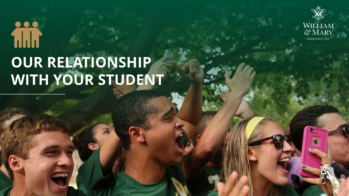 A group of excited students wearing green William & Mary apparel cheer in an outdoor setting. The text reads, 