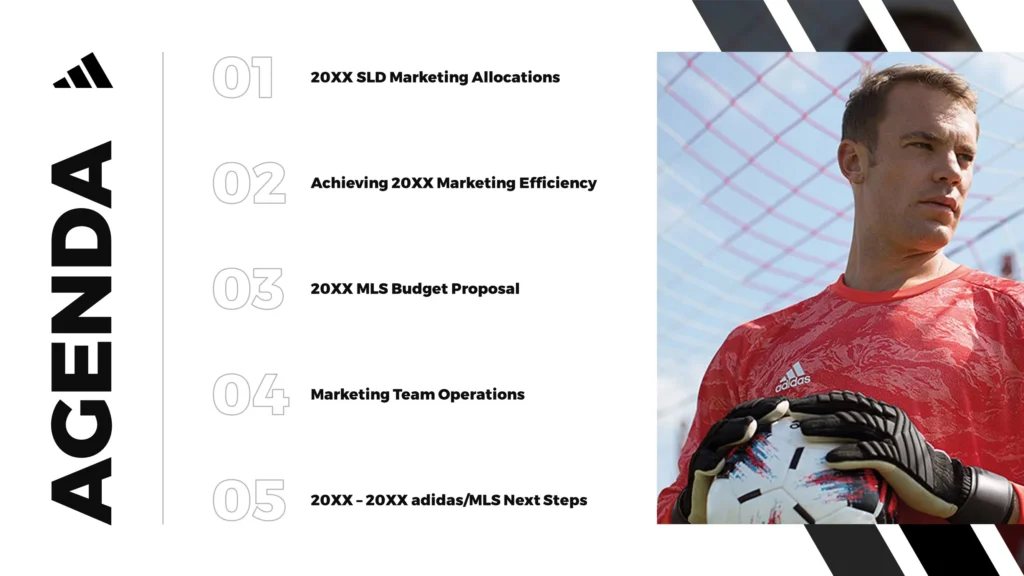 An agenda slide template with a list of five marketing topics on the left and a man in a red jersey holding a soccer ball standing in front of a goal net on the right. Topics listed: Marketing Allocations, Marketing Efficiency, Budget Proposal, Team Operations, and Next Steps. Perfect for your next PowerPoint pitch deck.