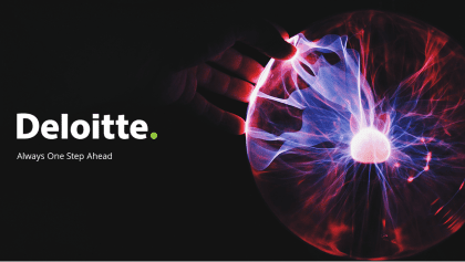 A hand touches a glowing plasma ball emitting colorful electric currents. The background is black. To the left, the Deloitte logo is displayed with the tagline "Always One Step Ahead" beneath it, making an ideal backdrop for a pitch deck slide template.