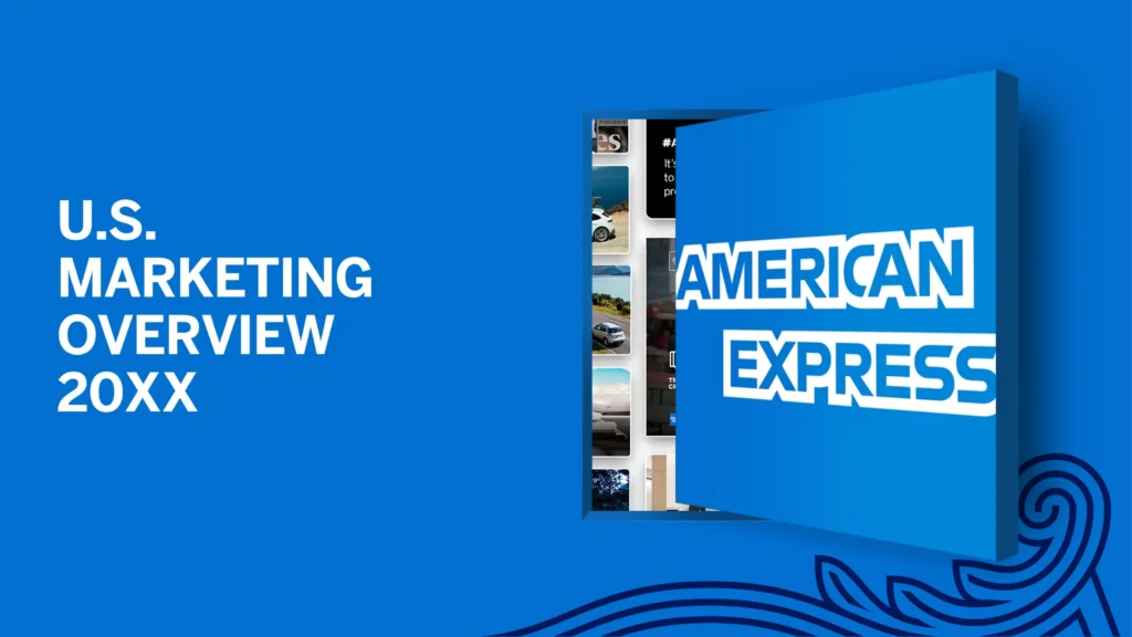 A blue background with the text "U.S. Marketing Overview 20XX" on the left. On the right, a partially open blue folder shows the American Express logo. A wave-like design decorates the bottom right corner, perfect for a professional slide in your pitch deck or presentation.