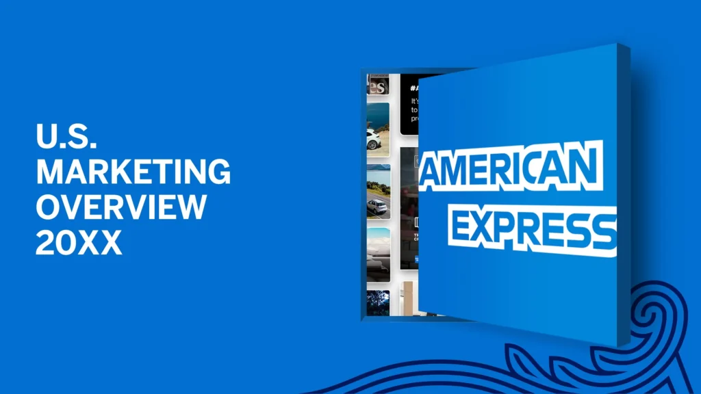 A presentation slide titled "U.S. Marketing Overview 20XX" on the left with a graphic on the right showing a blue booklet partially open, revealing various elements and the American Express logo prominently displayed. The background is blue with a decorative wave pattern at the bottom, perfect for your next PowerPoint pitch deck.