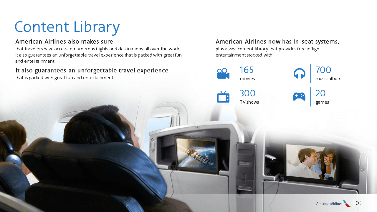 Passengers seated in an airplane cabin, watching in-flight entertainment on screens attached to the seats in front of them, enjoy a presentation promoting American Airlines' content library. The pitch deck highlights 165 movies, 300 TV shows, 700 music albums, and 20 games available.