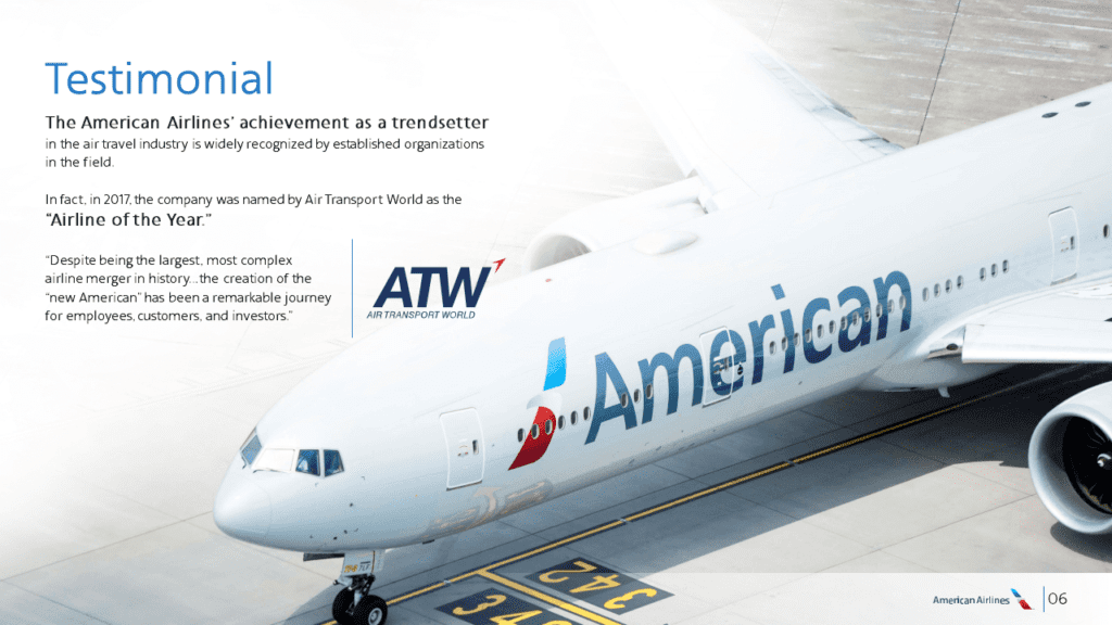 An American Airlines plane on a runway, showcasing the American Airlines logo and livery. A testimonial highlights its recognition as a leading airline, mentioning their "Airline of the Year" award in 2017 – perfect for your next pitch deck slide template.