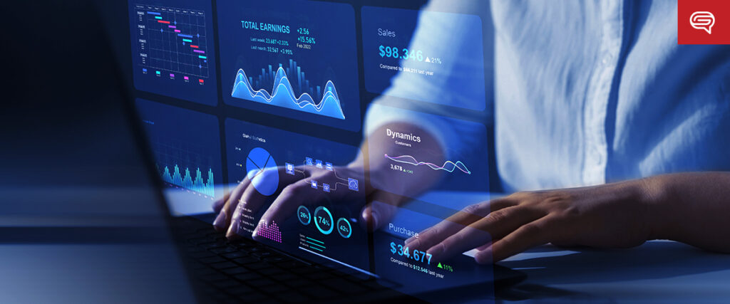 Person typing on a laptop with holographic data projections showing various graphs, charts, and financial figures. The data includes total earnings, sales, and purchasing dynamics, illustrating a digital analysis environment similar to a high-tech pitch deck.