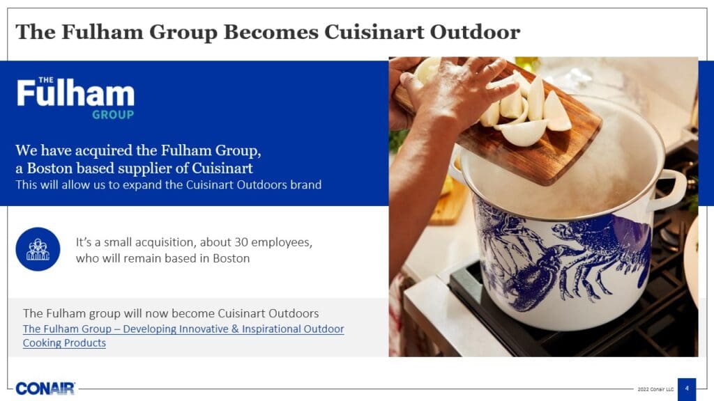 Slide announcing the acquisition of The Fulham Group by Conair. The Fulham Group, a Boston-based supplier, will expand the Cuisinart Outdoor brand. The slide template includes company logos, a person cooking in a blue-patterned pot, and details about Fulham's employees.