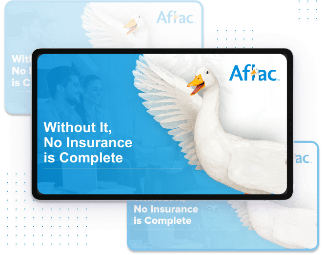 The presentation displays three overlapping Aflac visuals with a white duck on a blue background, prominently featuring the Aflac logo. The text in the center reads, "Without It, No Insurance is Complete," and additional text on the bottom left reiterates the same message.