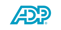 The presentation features the ADP logo in blue. The stylized ADP letters have the left side of the A, the vertical line of the D, and the left side of the P forming a continuous line. The rest of the letters and lines complete the enclosed shapes of D and P.