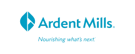 Logo of Ardent Mills featuring a blue diamond shape with a stylized grain in the center, followed by the text 